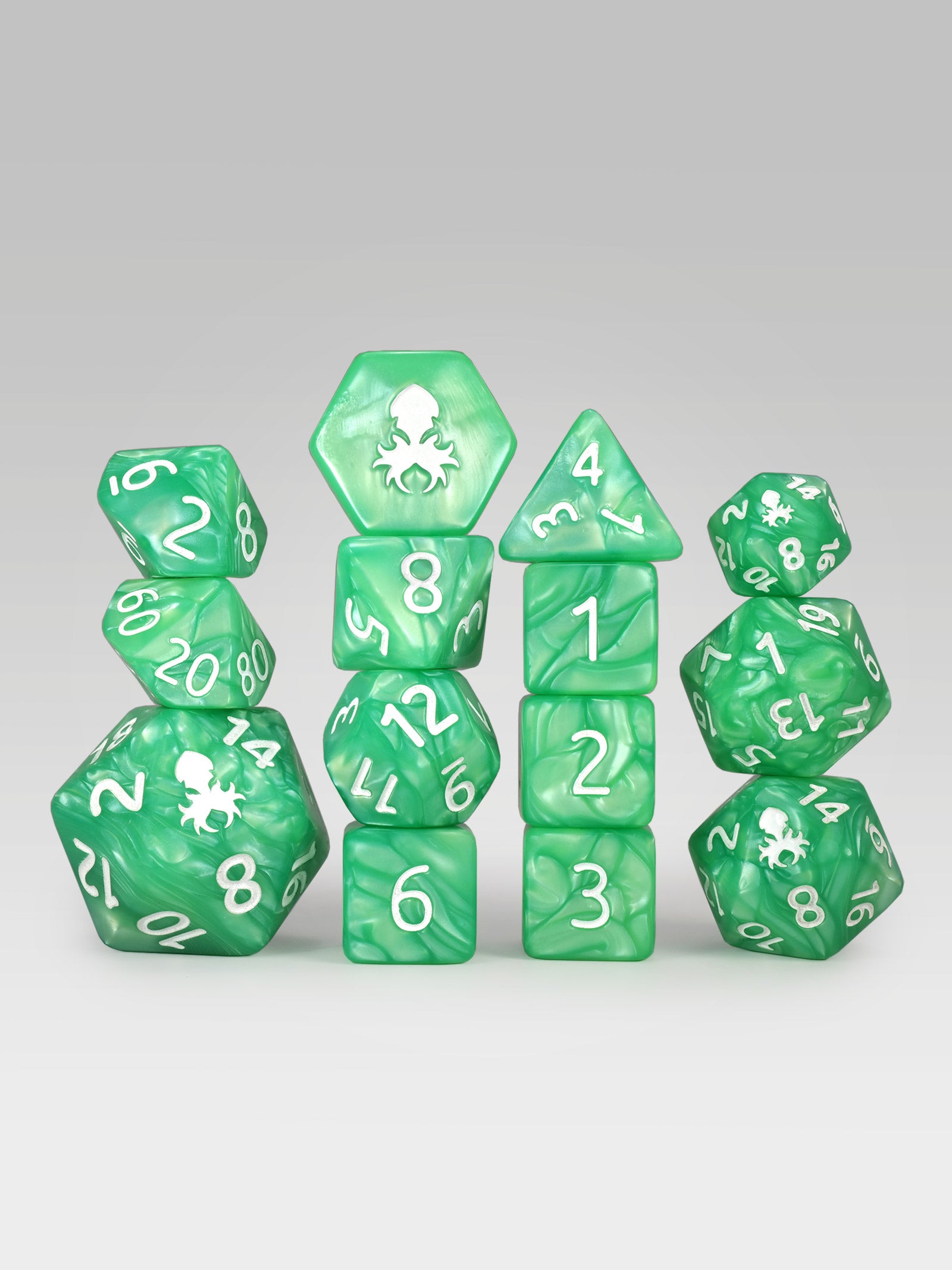 Kraken's Signature Green 14pc Dice Set inked in Silver